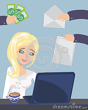 Busy secretary woman managing her work Vector Illustration