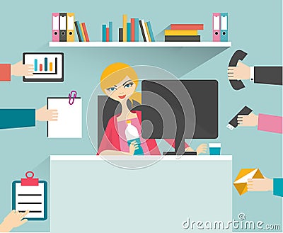 Busy secretary woman. Vector Illustration