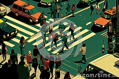 busy street intersection, with people rushing to and from work and school, traffic lights turning green and red Stock Photo