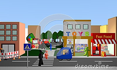 busy street with a pedestrian crossing, shops and park with popcorn machine. Stock Photo