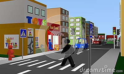 busy street with a pedestrian crossing, shops and railway crossing. Stock Photo