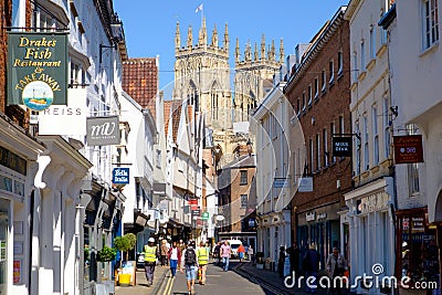 Busy street in York, UK, looking toward York Minster Editorial Stock Photo