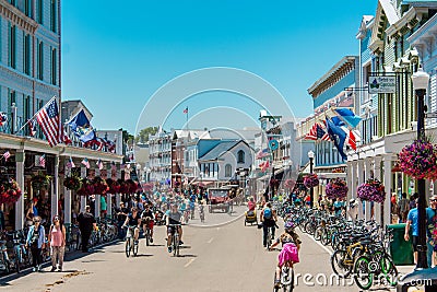 The busy streets of downtown Mackinac Island Michigan Editorial Stock Photo