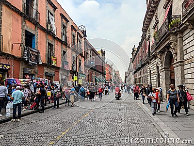 Busy streets of historic part of Mexico City Editorial Stock Photo