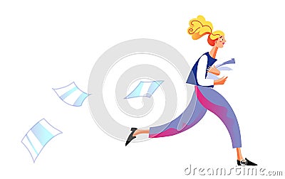 Busy stressed woman worker, secretary, executive manager stress running holding document pile in hand. Work problem Vector Illustration