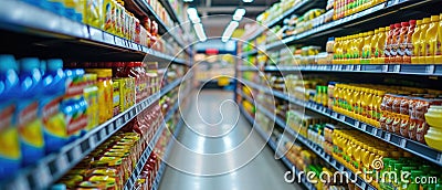 A Busy Supermarket Aisle Filled With Rows Of Colorful Food Products Stock Photo