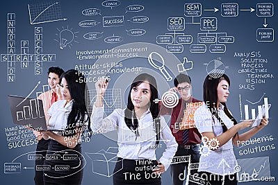 Busy team working on transparant blue background Stock Photo