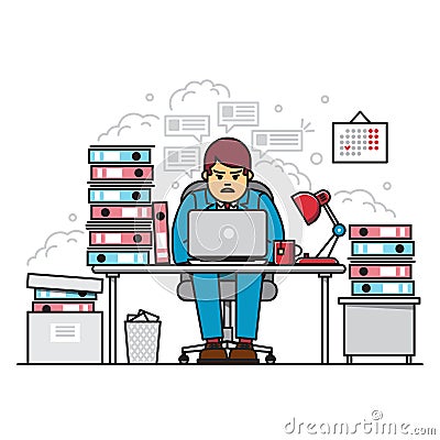 Busy, tired and angry hardworking man using laptop while sitting amidst folders with documents in office during rush Vector Illustration
