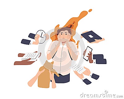 Busy tired person overloaded with plenty of work and personal tasks. Woman in stress under pressure of many different Vector Illustration