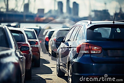 busy traffic on a city road, traffic jam on a city street Stock Photo