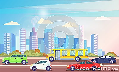 Busy Traffic Road with Colorful Cars Cityscape Vector Vector Illustration