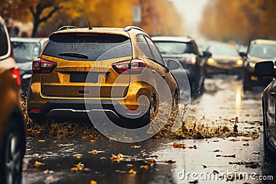 busy traffic on a wet highway road on a rainy evening Stock Photo