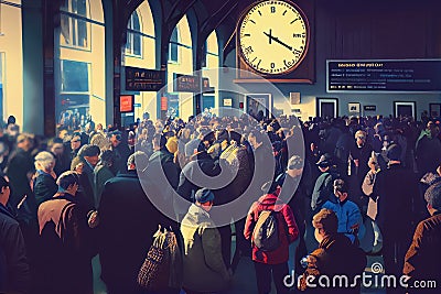 busy train station, with crowds of people and hustle and bustle of activity Stock Photo