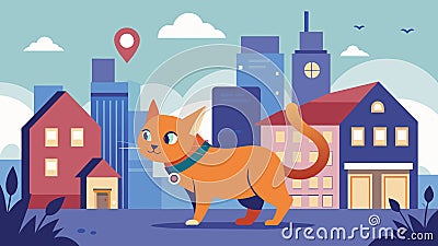 In a busy urban neighborhood a curious kitten explores its surroundings its collar blinking reassuringly thanks to its Vector Illustration