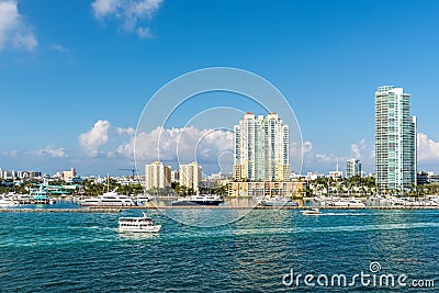 The busy water boat traffic at marina Meloy Channel, Miami, Florida, United States of America Editorial Stock Photo