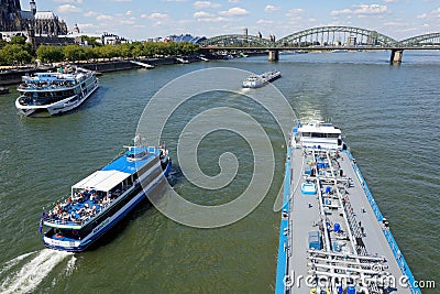busy water traffic on the rhine in cologne Editorial Stock Photo