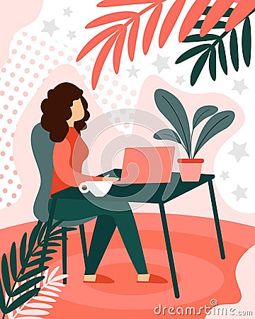 Busy Woman Freelancer Remotely Working on Laptop Vector Illustration