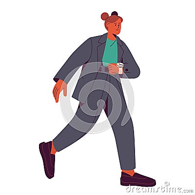 Busy woman hurrying. Office worker going fast to work, on urgent businesses. Businesswoman late, looking at watches Vector Illustration