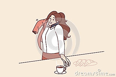 Busy woman makes business phone call having breakfast and puts on jacket hurrying to work. Vector Illustration