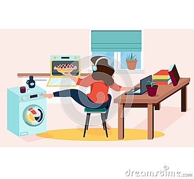 Busy woman working from home sitting on chair with laptop cooking and doing household duties Vector Illustration