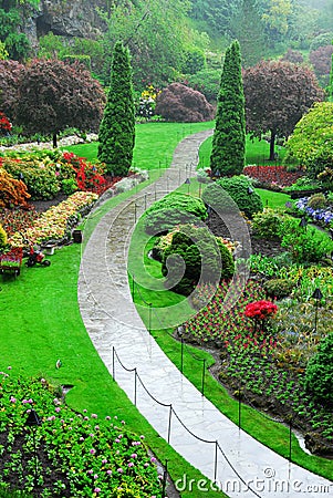 Butchart gardens in rain Stock Photo