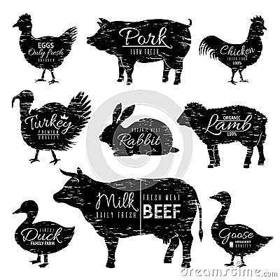 Butcher animals logo. Chicken goat turkey cow pig sheep silhouettes, farm animal butchery shop. Vector vintage black Vector Illustration