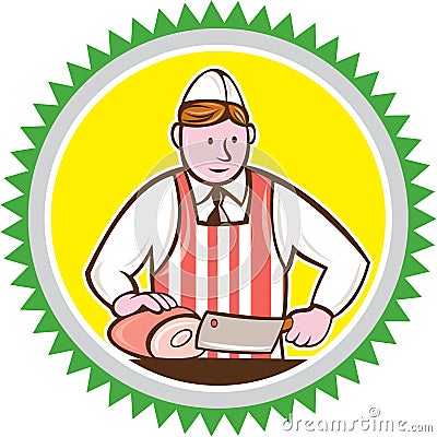 Butcher Chopping Ham Rosette Cartoon Vector Illustration