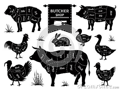 Butcher diagrams. Animal meat cuts, cow pig rabbit lamb rooster domestic animals silhouettes. Vector retro butcher shop Vector Illustration