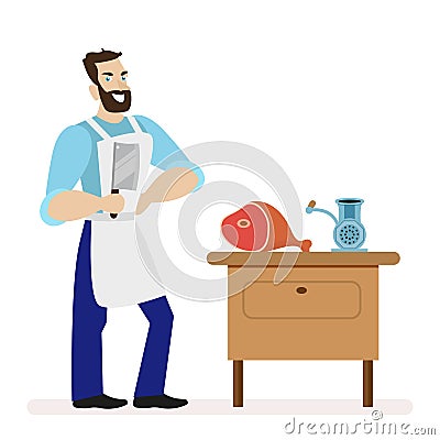 Butcher with a kitchen knife for cutting meat is near the table with a meat grinder. Flat character isolated on white Vector Illustration