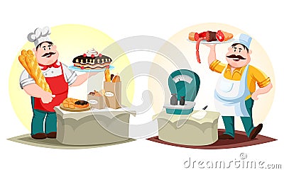 Butcher with meat and baker with bun and bread Vector Illustration