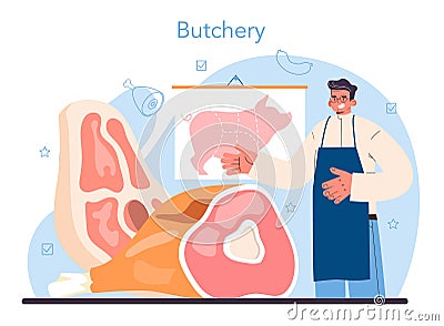 Butcher or meatman concept. Fresh meat and semi-finished products Vector Illustration