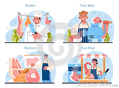 Butcher or meatman concept set. Fresh meat and semi-finished products Vector Illustration