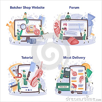 Butcher or meatman online service or platform set. Fresh meat and semi-finished Vector Illustration