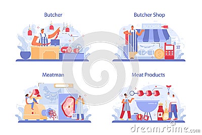 Butcher or meatman set. Fresh meat and semi-finished products Vector Illustration
