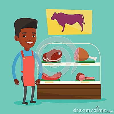 Butcher offering fresh meat in butchershop. Vector Illustration