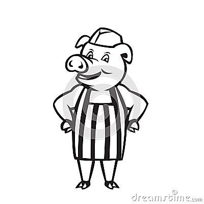 Butcher Pig Wearing Apron Hands on Hip Cartoon Black and White Vector Illustration