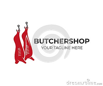 Butcher shop and animal carcasses hang on hooks, logo design. Meal, food and meat, vector design Vector Illustration