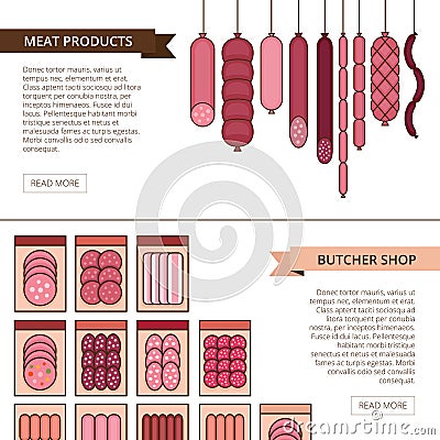 Butcher shop banner. Meat and barbecue sausage products. Various Vector Illustration