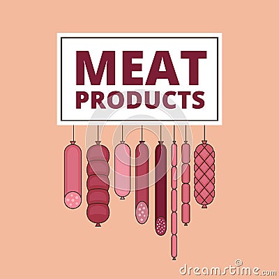 Butcher shop banner. Meat and barbecue sausage products. Various Vector Illustration