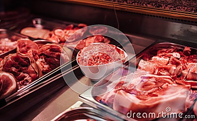 Butcher shop counter filled with varoius raw cool meat Stock Photo