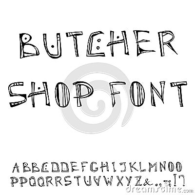 Butcher Shop Decorative Meat Font, Alphabet. Realistic Doodle Cartoon Style Hand Drawn Sketch Vector Illustration Vector Illustration