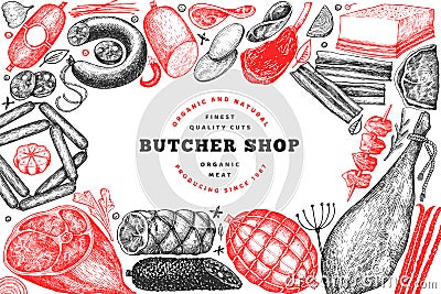 Butcher shop hand drawn vector banner template. Retro style Cartoon Illustration