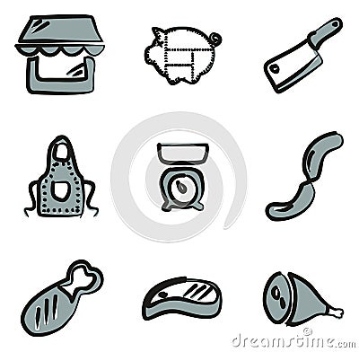 Butcher Shop Icons Freehand 2 Color Vector Illustration