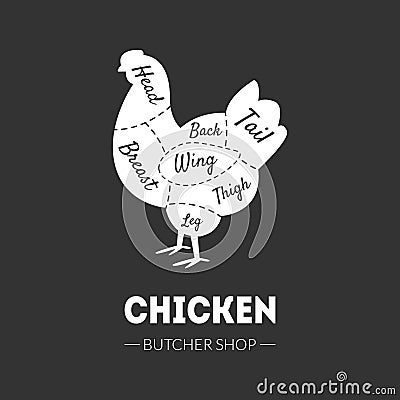 Butcher Shop Label, Chicken Cuts, Farm Poultry with Meat Cuts Lines, Vintage Black and White Vector Illustration Vector Illustration