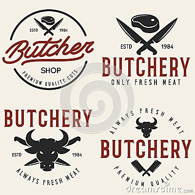 Butcher shop labels badges emblems set. Butchery store advertising design elements collection. Meat shop typography Vector Illustration