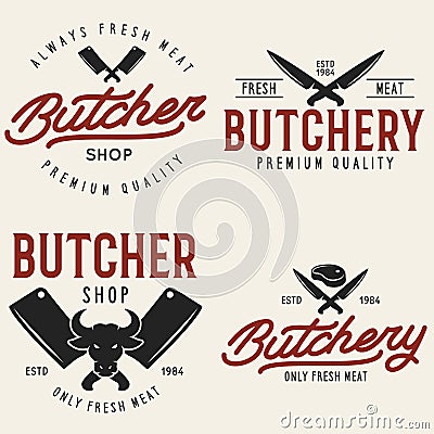 Butcher shop labels badges emblems set. Butchery store advertising design elements collection. Meat shop typography Vector Illustration