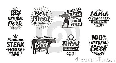 Butcher shop, labels. Meat, beef, pork, lamb set icons. Lettering vector illustration Vector Illustration