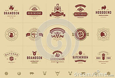 Butcher shop logos set vector illustration good for farm or restaurant badges with animals and meat silhouettes Vector Illustration