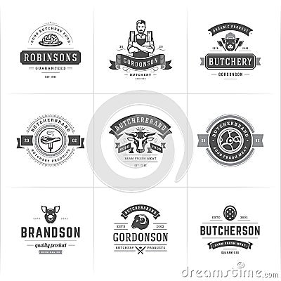 Butcher shop logos set vector illustration good for farm or restaurant badges with animals and meat silhouettes Vector Illustration