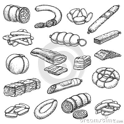 Butcher shop meat delicatessen, sausages sketch Vector Illustration